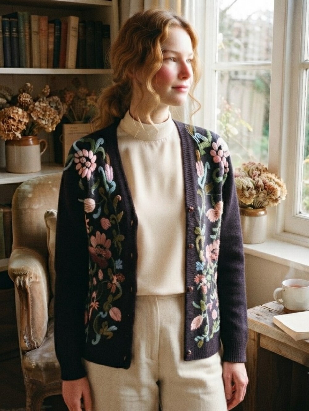 Orly 90s Floral Embroidered Wool Cardigan  Size M Cottagecore Grandmacore Dainty